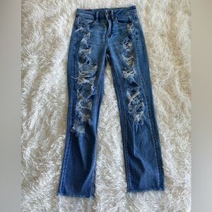 American Eagle Outfitters Distressed High Rise Blue Skinny Jeans Raw Hem  Size 4